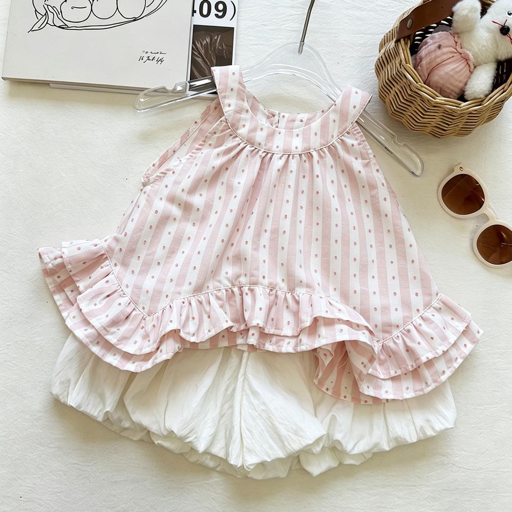 Girls Summer Striped Flocked Polka Dot Halter Sleeveless Ruffle Top With Bud Pants Fashionable Two Piece Set 90cm