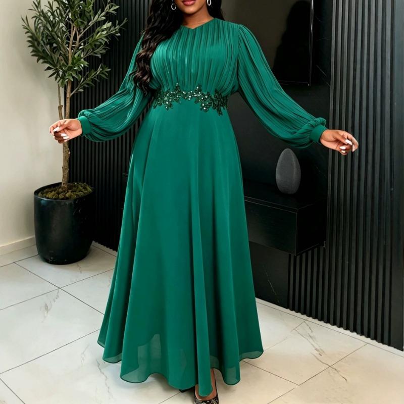 Elegant Chiffon Long Sleeve Ruffle Waist Long Dress For Women