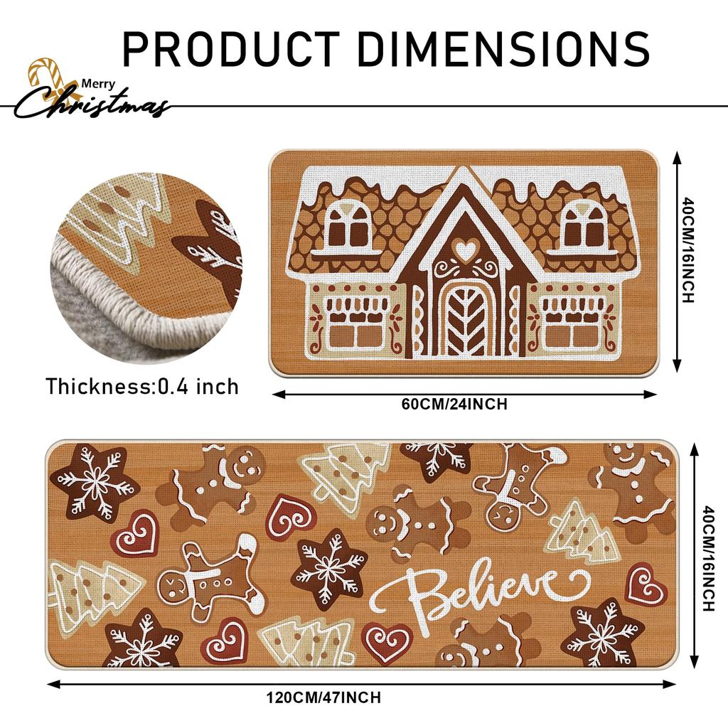 2-Piece Christmas Kitchen Rug Set, Gingerbread House Bathroom & Kitchen Mats, Stain-Resistant Non-Slip Home Decor