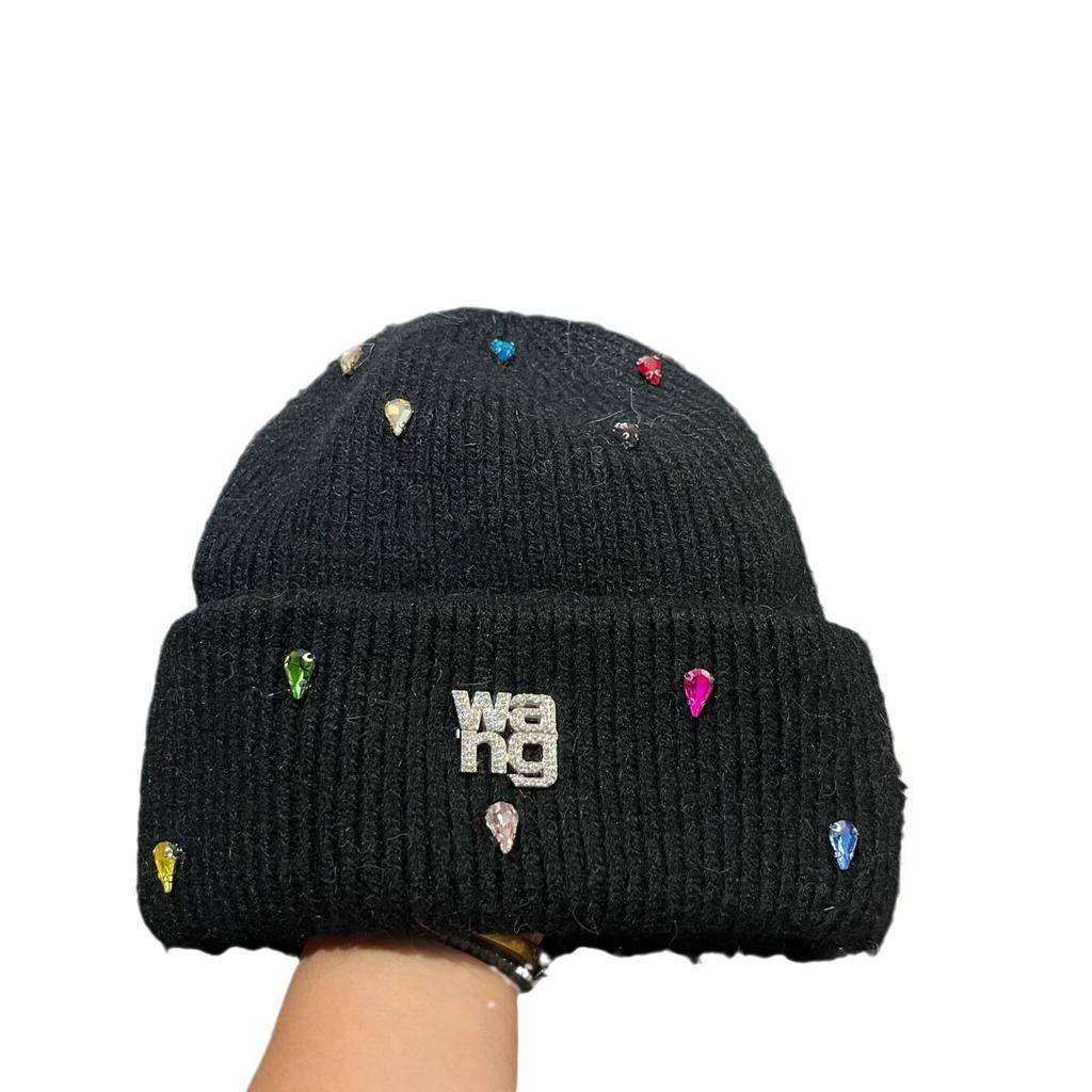 Paris Light Luxury Heavy Industry Rhinestone King Knitted Hat Winter Warm Rabbit Hair Cold Hat Outdoor Sweet Ear Hat