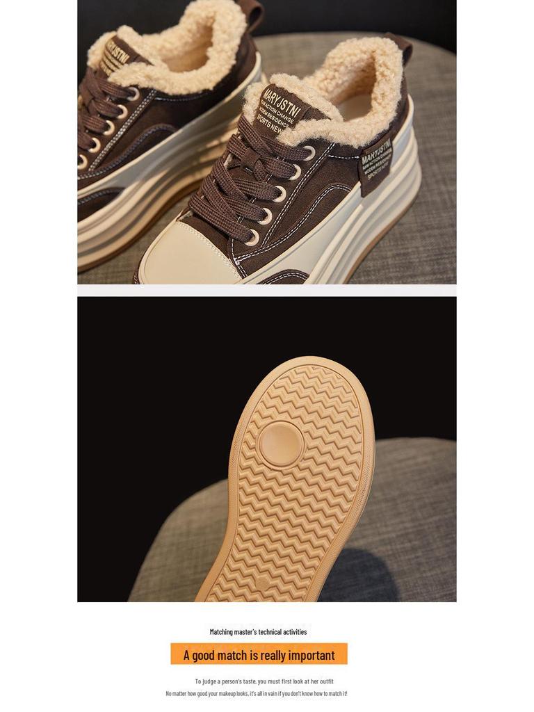 Women's Plush Warm Lamb Wool Height-Increasing Sneakers – Casual Thick-Soled Winter Shoes In White.