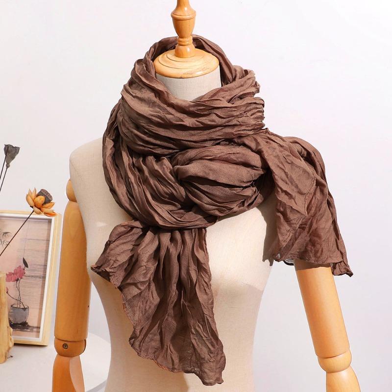 All-Season French-Style Vintage Solid Color Crinkle Pleated Scarf Lightweight Pleated Neck Scarf Shawl, Versatile Solid Color Autumn and Winter