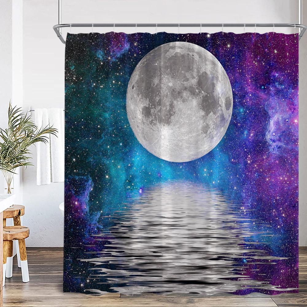 Celestial Moon Shower Curtain Starry Night Cloud Sea Ocean Sailboat Space Bathroom Decor Cresent Full Moon Bath Cutain With Hook