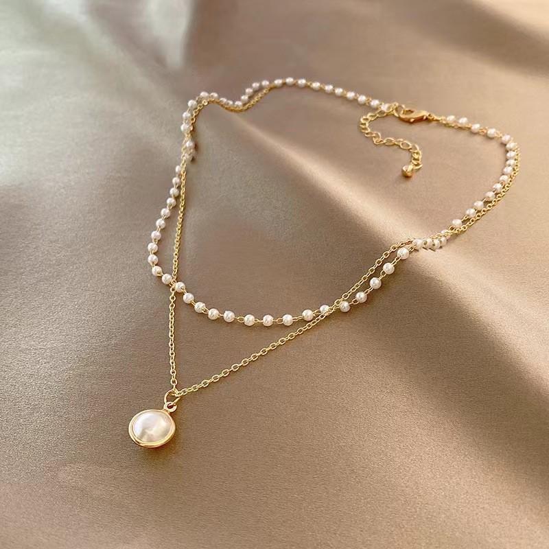 Korean-Style Double Layer Pearl Necklace - Trendy Hyuna Clavicle Chain
