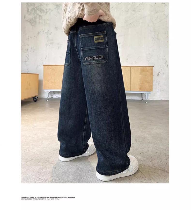 2025 Blugi pentru Băieți Mărimi Mari cu Căptușeală Fleece cu Croială Dreaptă pentru Adolescenți Supraponderali – Pantaloni Lungi de Primăvară și Toamnă Pantaloni la Modă