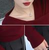 Korean Red V-Neck Long-Sleeve Women's T-Shirt, Spring Chic Slim-Fit Top for Layering