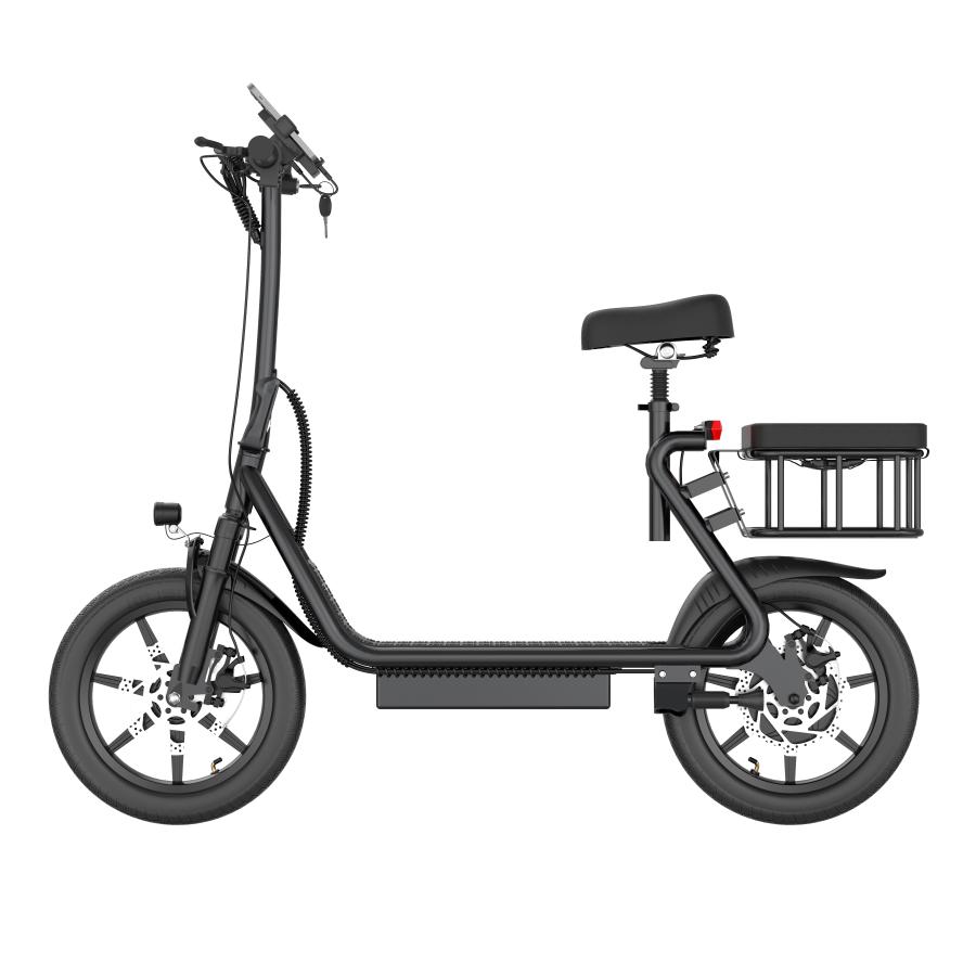 Elektrischer Roller für Pendler mit Sitz, Heckkorb, 48V Akku, 500W Motor, faltbarer Rahmen