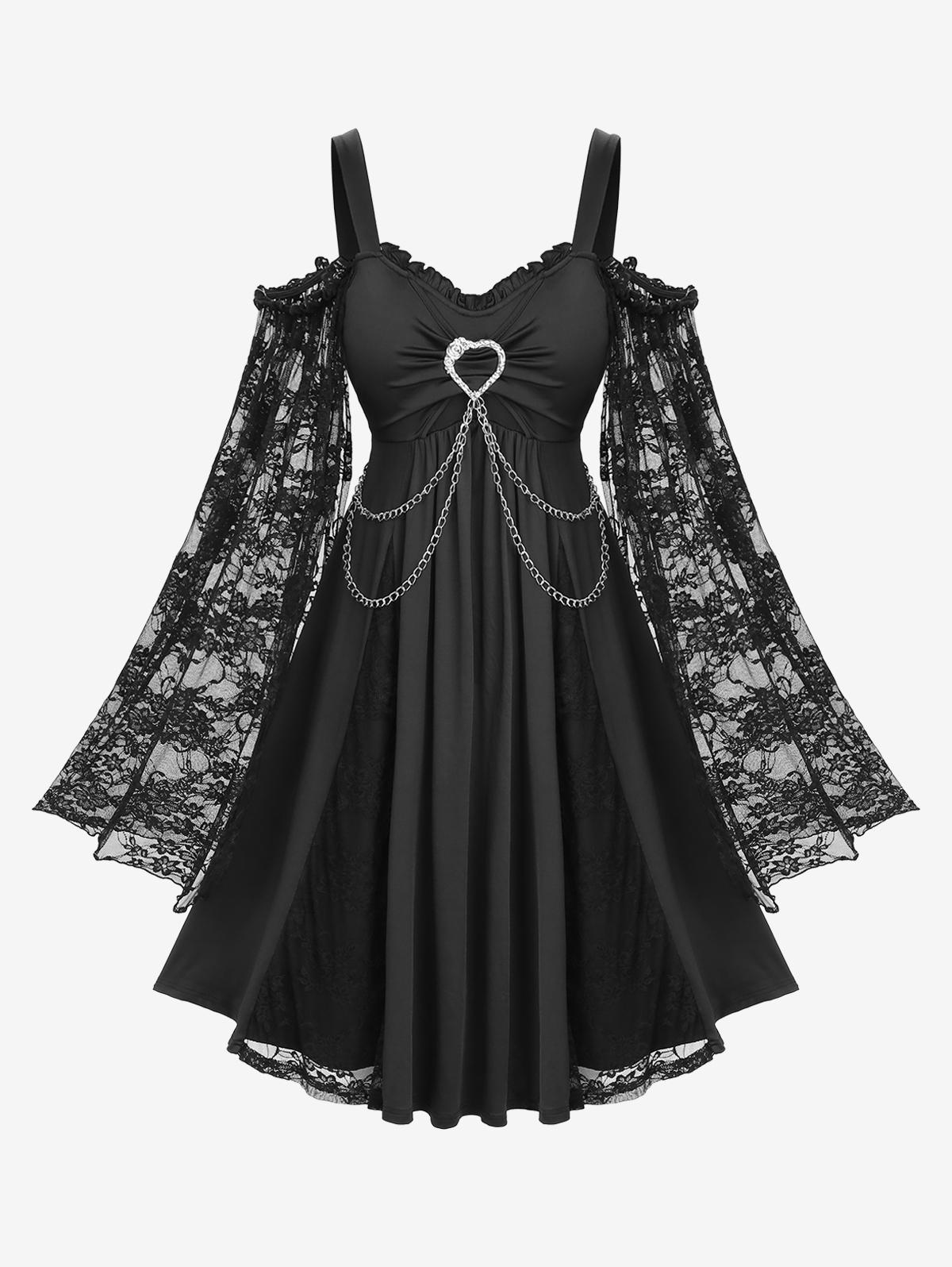 

Rosegal Платье большого размера с драпировкой, пряжкой в виде сердца, оборками, открытыми плечами, цветочным кружевом и расклешенными рукавами 5XL