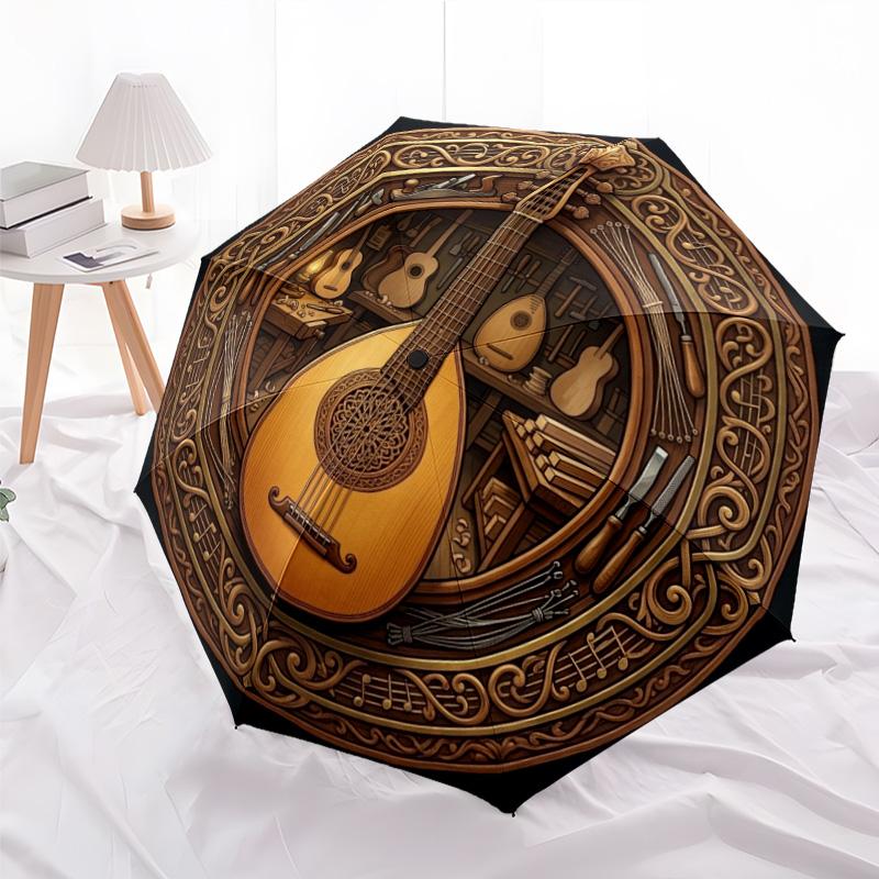 Guitar Craftsmanship Artistry pattern umbrella, portable and foldable design, 8 ribs, a casual accessory for Halloween, Christmas, and birthday gifts.