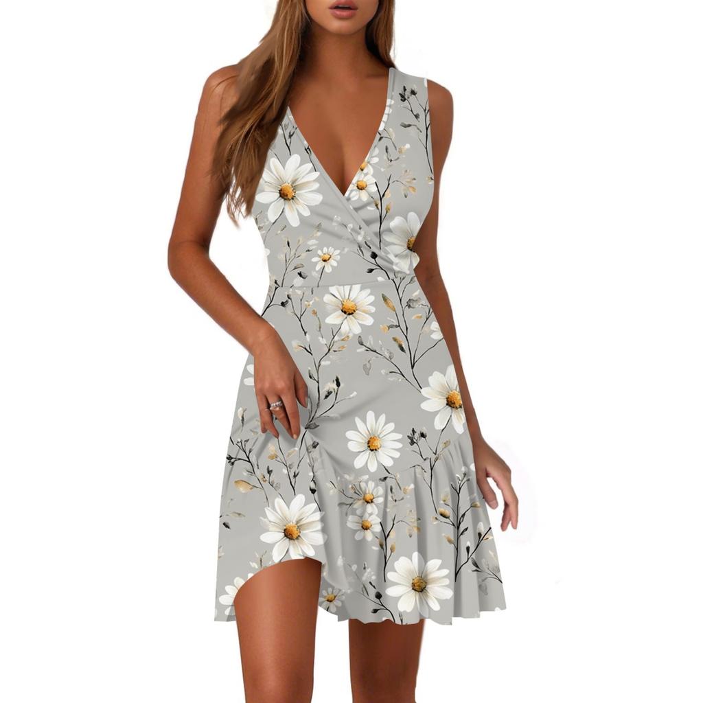 Ladies Casual Fashion V-Neck Sleeveless  Print Dress