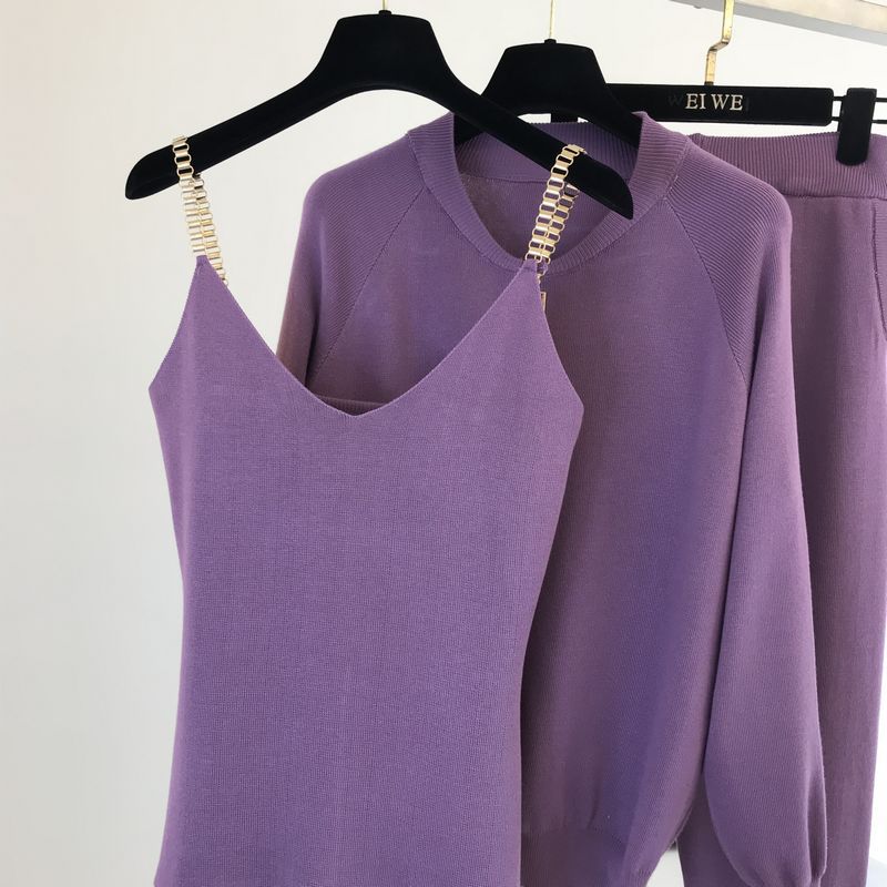 Women 3pcs/set Outfits Knitted Sweater Suit Casual Chain Vest Knitted Jacket + Elastic Pants Three-piece Sets