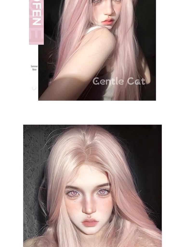 Długa Prosta Peruka z Koronką z Przodu dla Kobiet - Różowy Styl Lolita z Puszystym Pełnym Kryciem