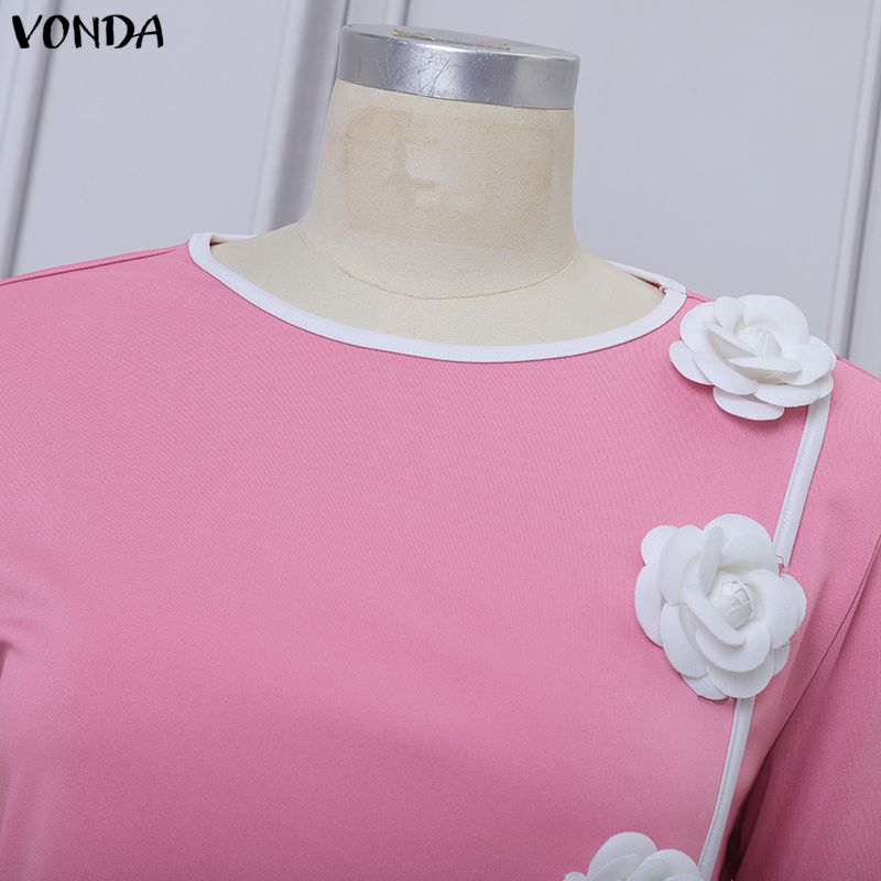 VONDA Two Piece Suit Women Retro Long Sleeve Splicing Blouse and Pants Casual Office Sets