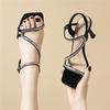 Rhinestone Word with Square Head Summer New Beautiful Thin Heels Cool Slippers Light Luxury Accessories Sandals Fashion Simple Temperament