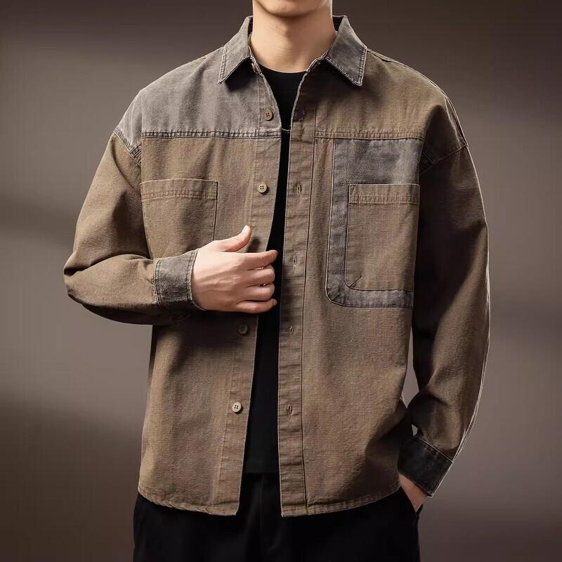 Men's American Retro Color Block Patchwork Loose Long Sleeve Shirt