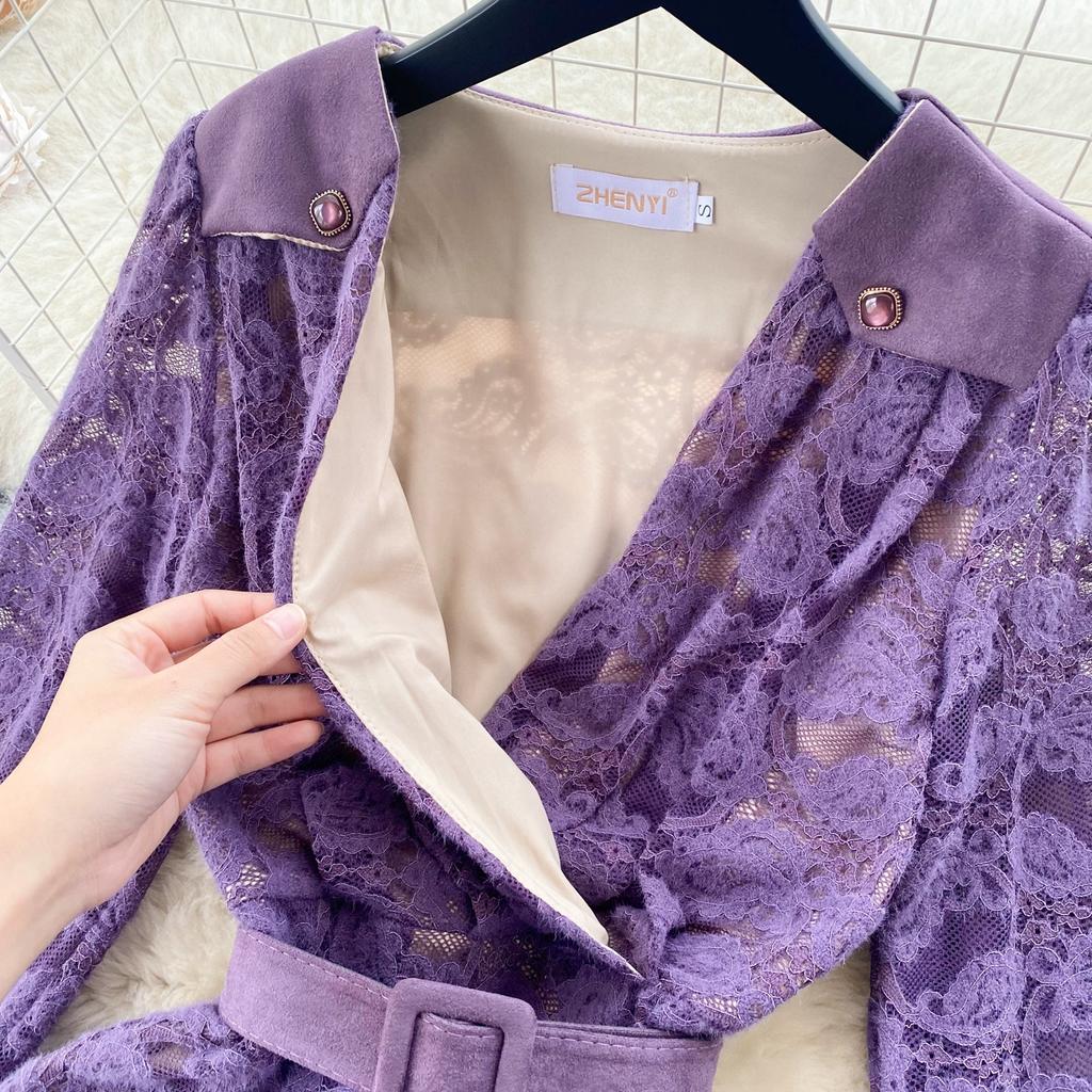 New Women V-neck Purple Lace Christams Party Dresses Vintage Long Sleeve Mid-calf Dress WIth Belt