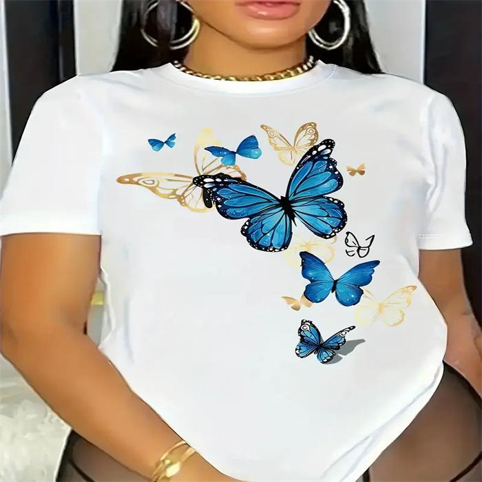 Maglietta estiva girocollo stampata, alla moda, casual, carina, a maniche corte, da donna, in puro cotone