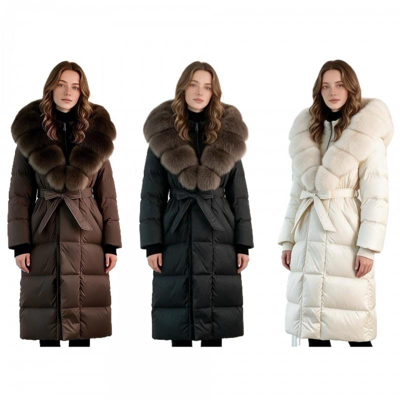 Womens Long Puffer Coat With Detachable Faux Fur Collar Slim Fit Knee-Length Warm Winter Outerwear
