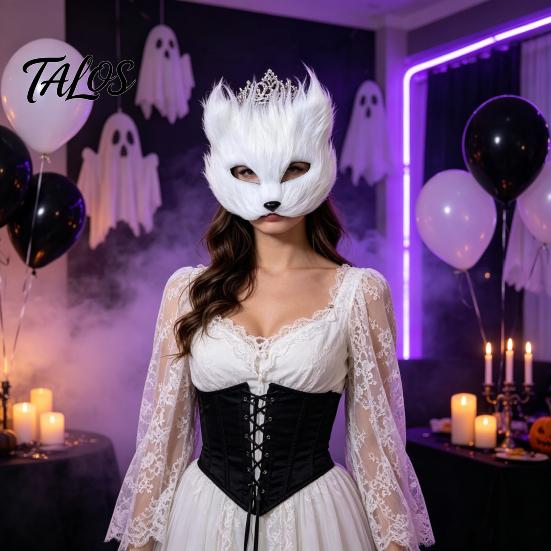 Prodyšná Halloweenská obličejová maska Dlouhá srst Bílá liška Polomaska, Maškarní Cosplay Elegantní víla pro Focení ve starém stylu Párty Vystoupení Jemná