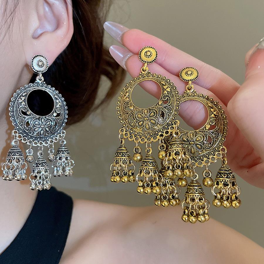 Round Hollow Bell Tassel Drop Earrings for Women 2025 New Retro Ethnic Style  Light Luxury High-end Zircon Girl Accessories