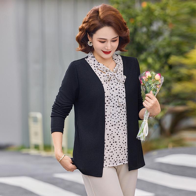 Spring Fashion Knitted Two-Piece Long-Sleeve Shirt for Middle-Aged Women