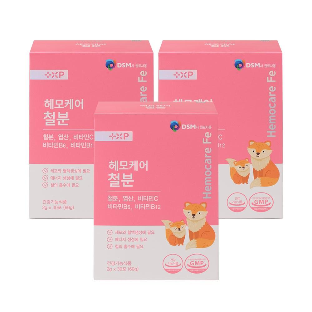 Hemocare Iron, Non-heme Iron, Iron Supplement, Folic Acid, Vitamin C, Health Functional Food, 3 Sets (30 Servings)
