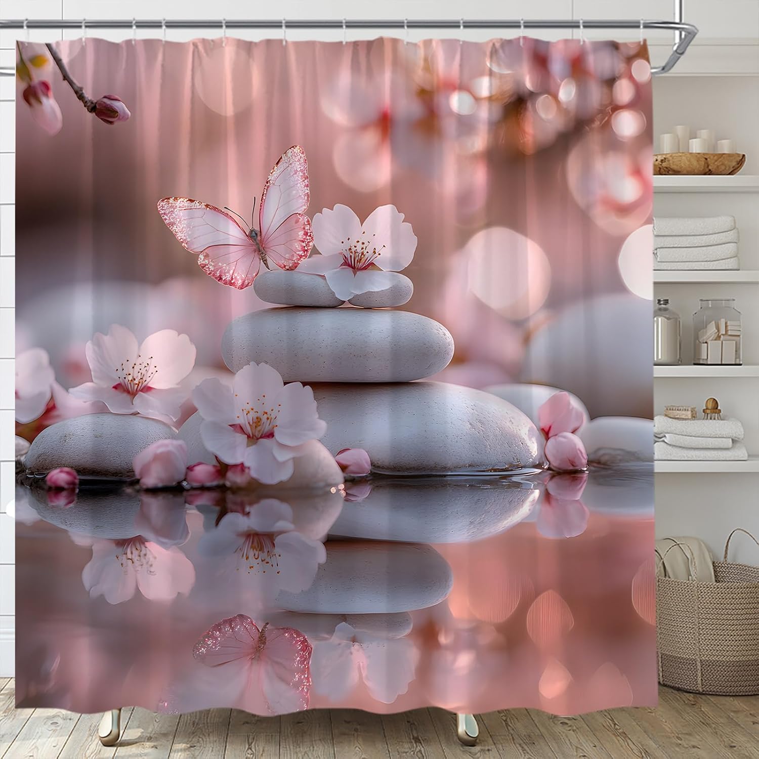 

Zen Spa Shower Curtain Pink Flower Butterfly Cherry Blossom Stone Japanese Water Relaxing Meditation Nature Fabric Bathroom W60H190(CM)-1 Pcs