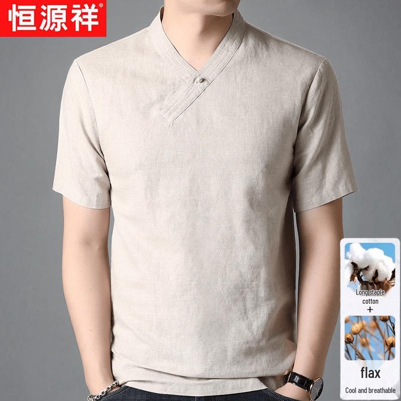 Hengyuanxiang Men s Breathable Linen Blend V-Neck T-Shirt XL