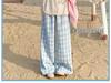 Women's Blue Plaid High-Waisted Loose-Fit Yamamoto Pants - Petite, Casual Wide-Leg, Spring/Autumn 2025 Collection.