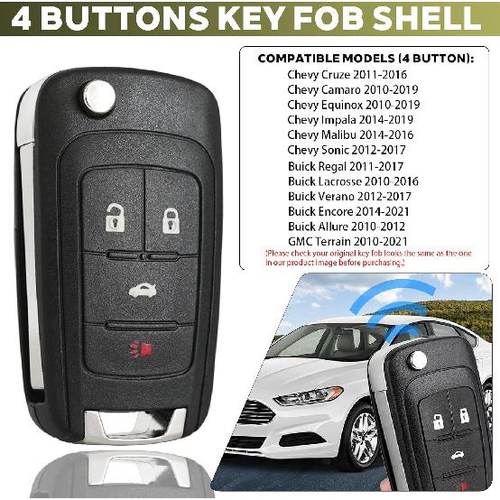 2 Pack 4 Button Key Fob Shell For Chevy Cruze Impala Malibu Sonic Equinox Camaro Buick Regal Encore Verano Lacrosse GMC Terrain 2010 2011 2012 2013