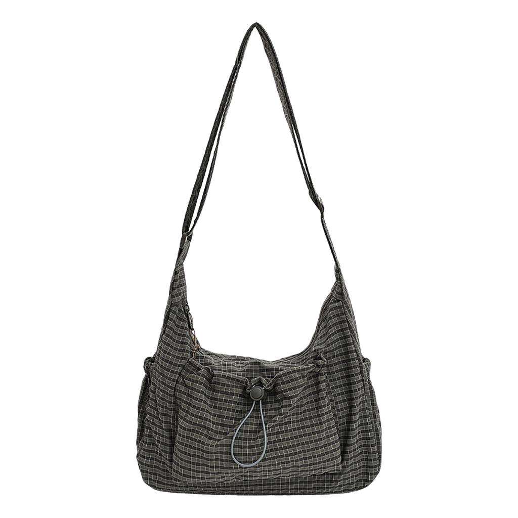 Damen Zugband Crossbody Tasche Nylon Stilvolle Karomuster Tote Tasche Große Kapazität Trendige Umhängetasche Einkaufen Date Handtasche