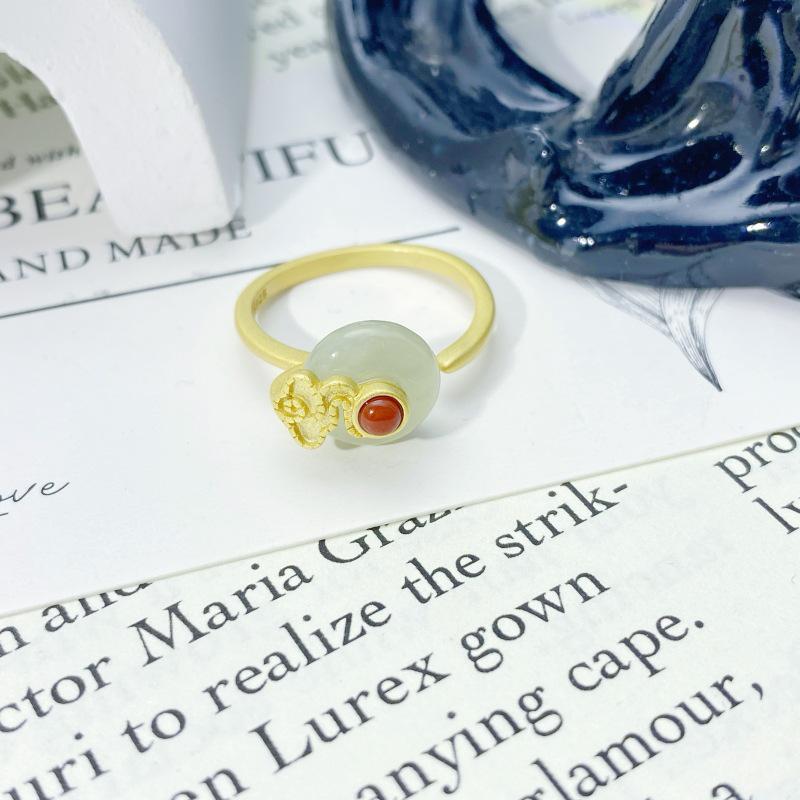 S925 Sterling Silver Hetian Jade Adjustable Ring with Auspicious Cloud Design