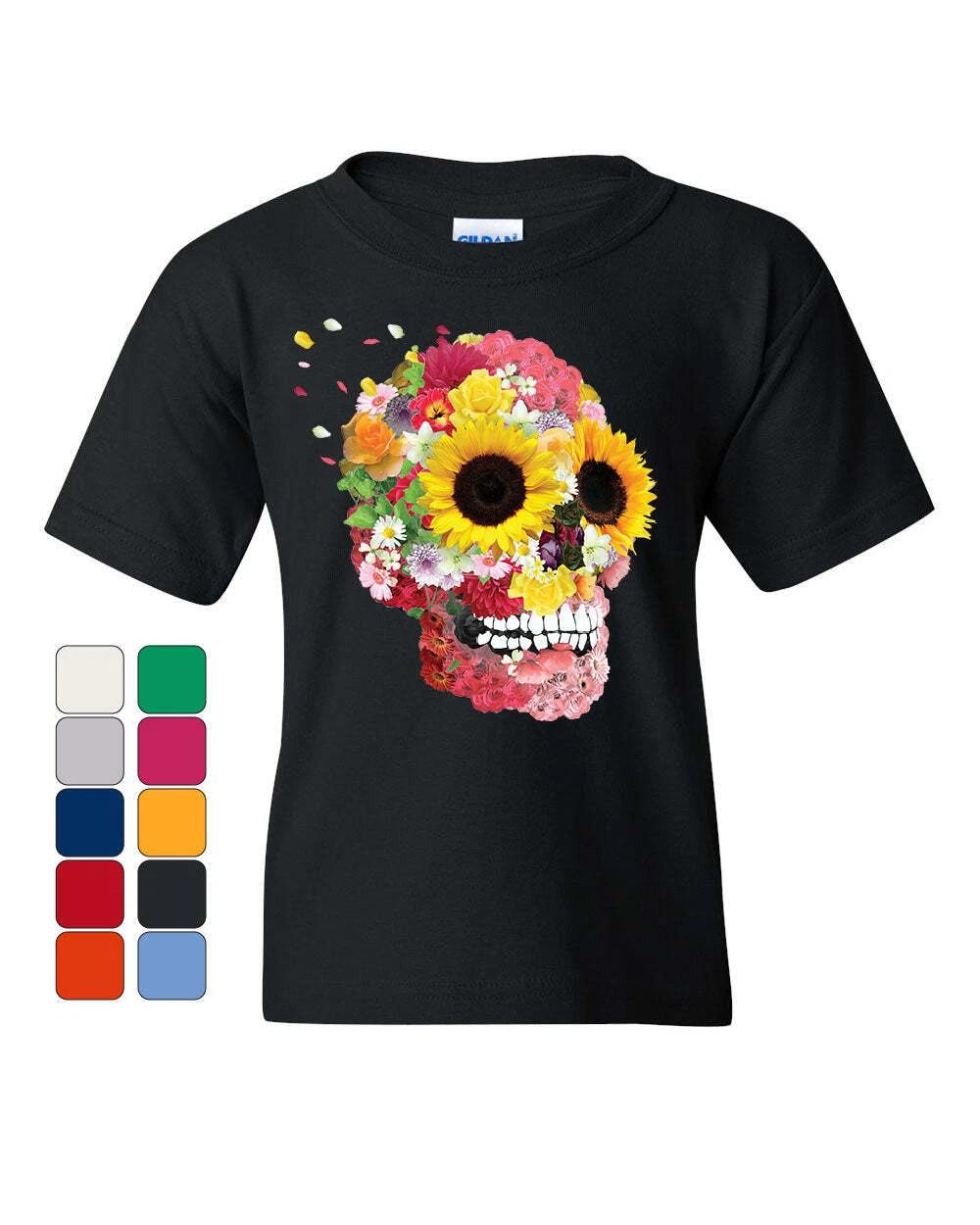Sunflowers Sugar Skull Youth kids boys T-Shirt Day of the Dead Calavera Mexico Kids Tee 150
