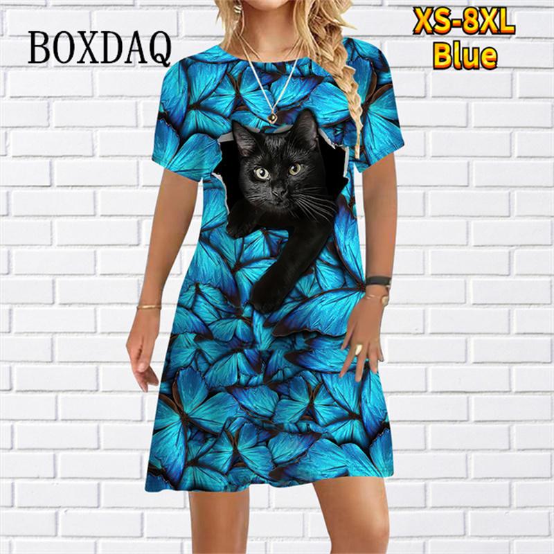 Funny Cute Cat Print Loose Dress For Womens Girls Casual Short Sleeve Cartoon Mini Dress Summer New Beach Party Sundress