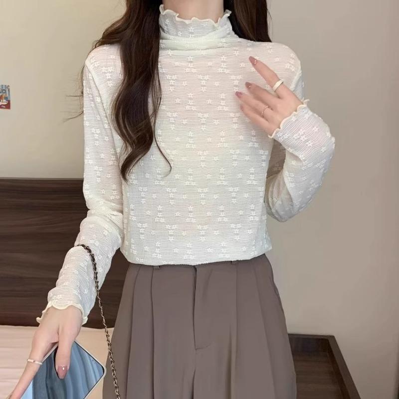 Half turtleneck, slim long-sleeved bottoming shirt, T-shirt for women, autumn and winter lace fungus edge, velvet and thickened layered inner top