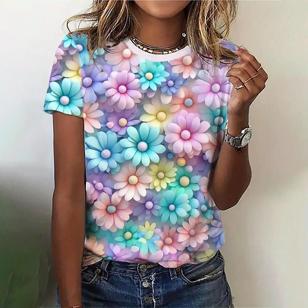 Casual and Versatile High-quality Flower Patterned Short Sleeved Round Neck Women's T-shirts