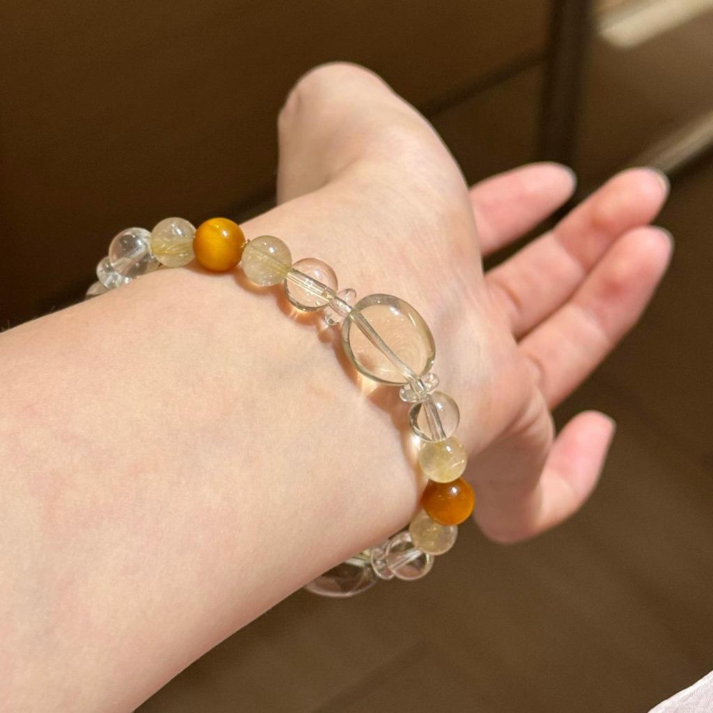 Women's Original Design Golden Rutilated Quartz, Citrine, and Tiger Eye Bracelet with White Crystal Accents
