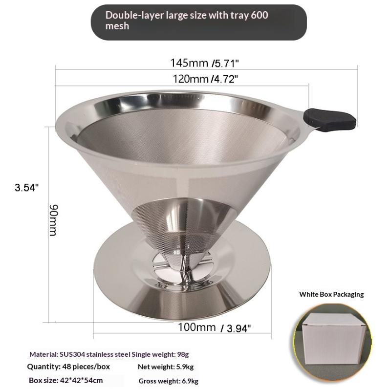 Doppellagiger Kaffee-Filter-Dripper aus Edelstahl, 600/800 Maschen, Feinsieb mit hitzebeständigem Griff für Handaufguss-Kaffee