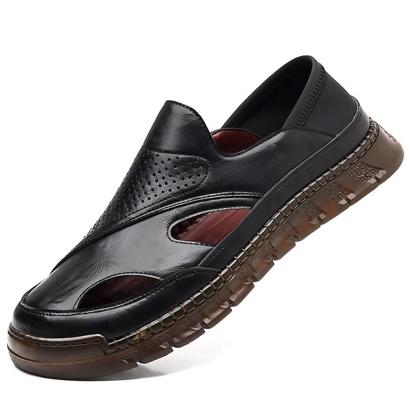 Summer New Men's Comfortable Leather Sandals Solid Color Fashion Casual Soft Sole Hallow Breathable Designer Shoes For Men