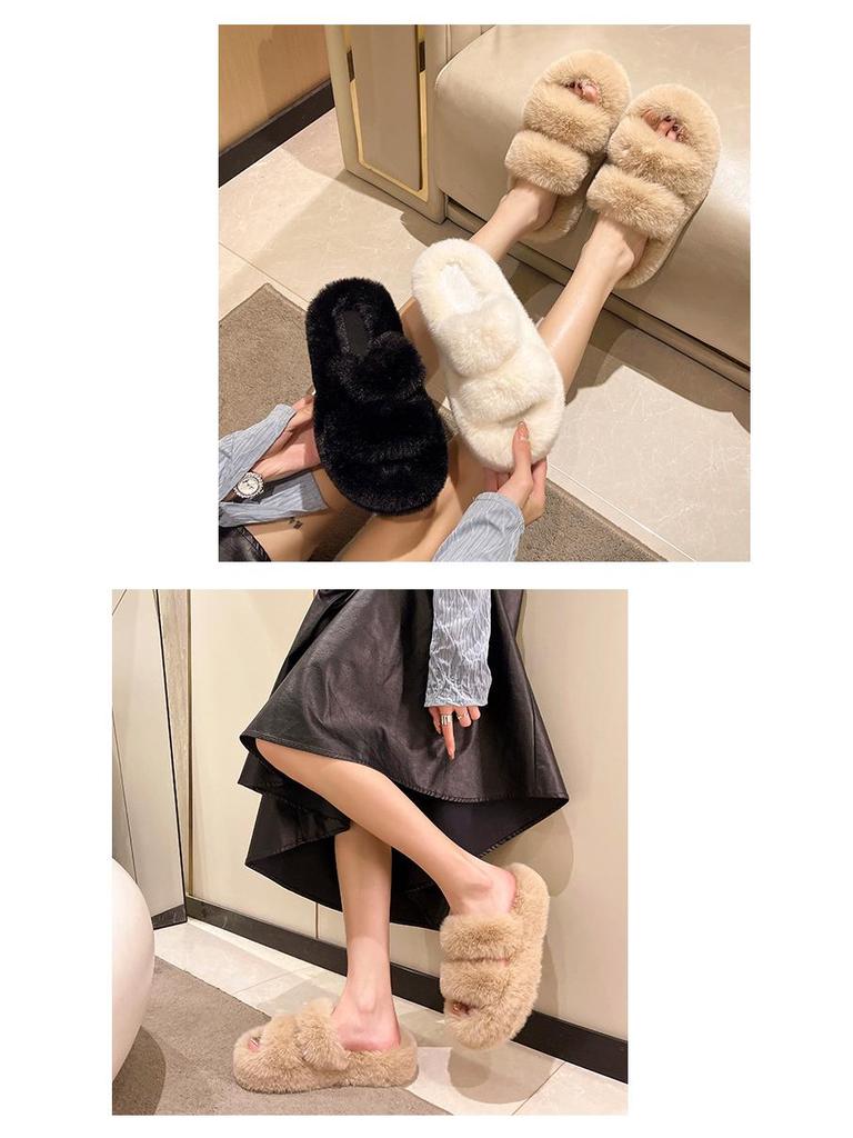 Large Cross-Fur Women's Slippers - Thick, Flat-Bottomed, Warm & Stylish for Spring, Autumn, Winter
