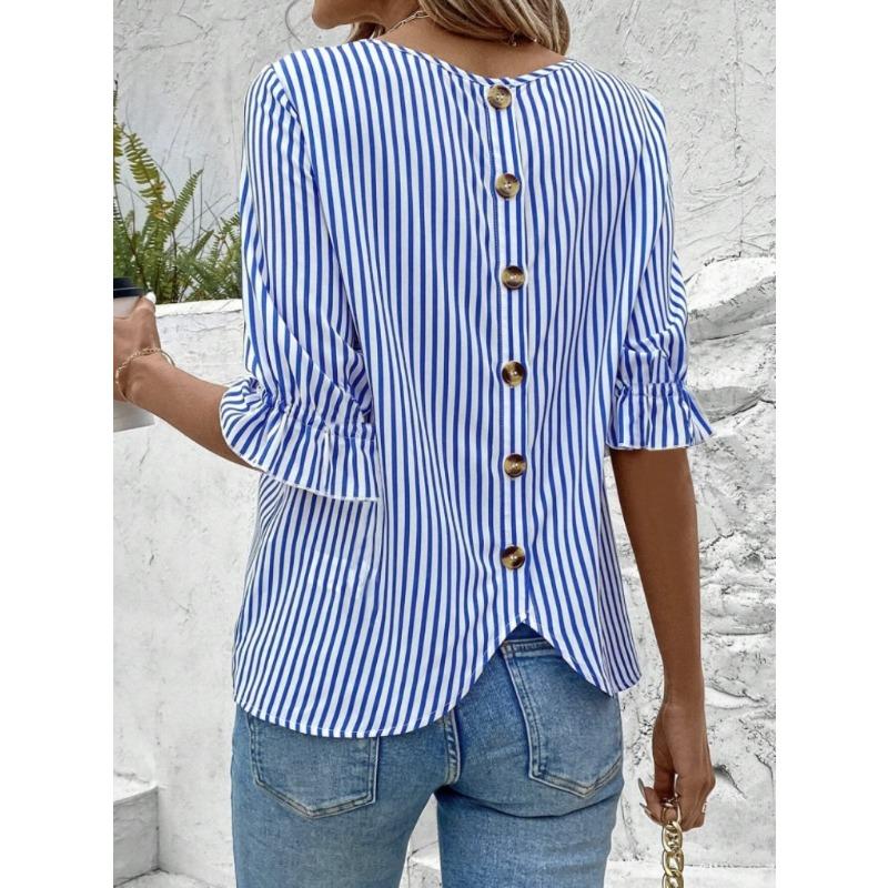IHUASU Summer Spring Fashion Blue Striped Button Design Shirt Tops T-shirt