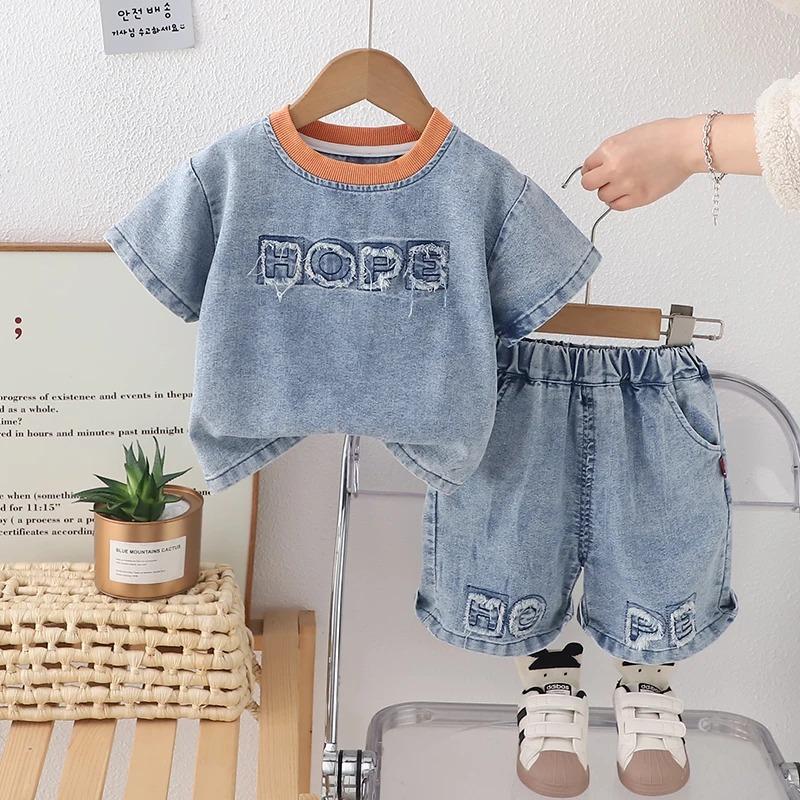 Children Cotton Clothes Summer Boy Causal Denim T Shirt Short Set Infant Kid Fashion Toddler Tracksuit