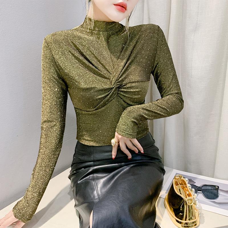 

Модный омолаживающий гладильный топ для женщин на зиму с полувысоким воротником, облегающая плиссированная базовая футболка с длинным рукавом, маленькая рубашка, трендовая 3XL