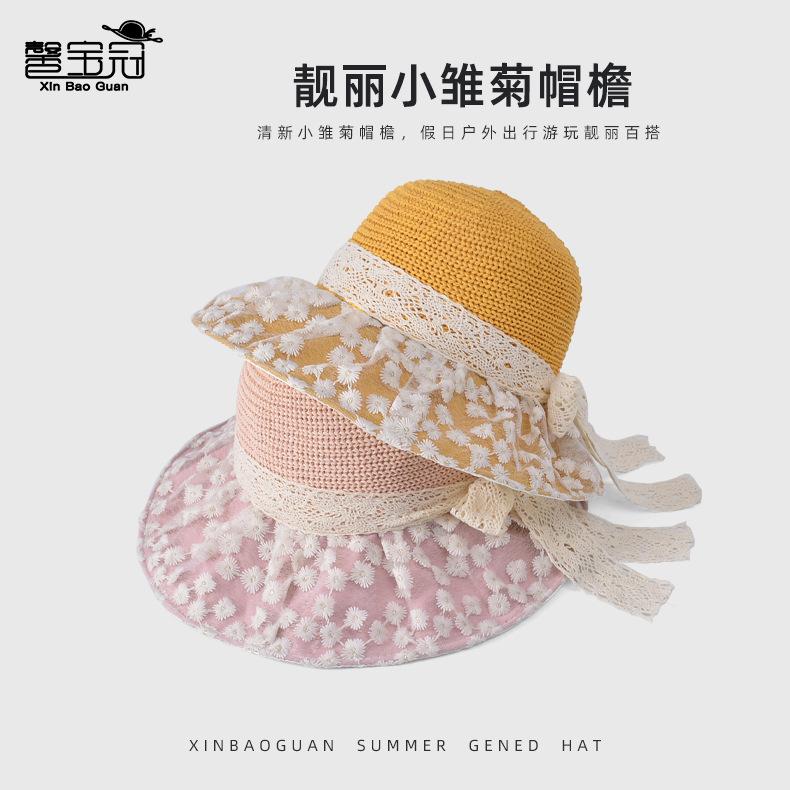 Summer lace streamer bow bucket hat small daisy big brim sun hat outdoor versatile beach sun hat
