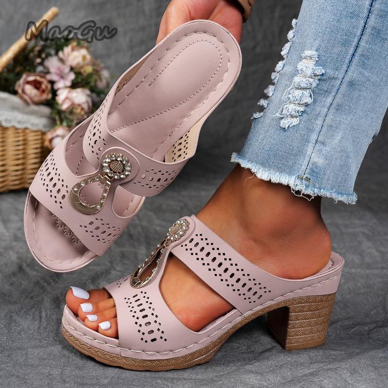 Women Summer Lightweight Hollow Sandals Fashion Chunky Heel Open Toe Slippers Female 2026 Casual Outdoor Slides Shoes Size36 43