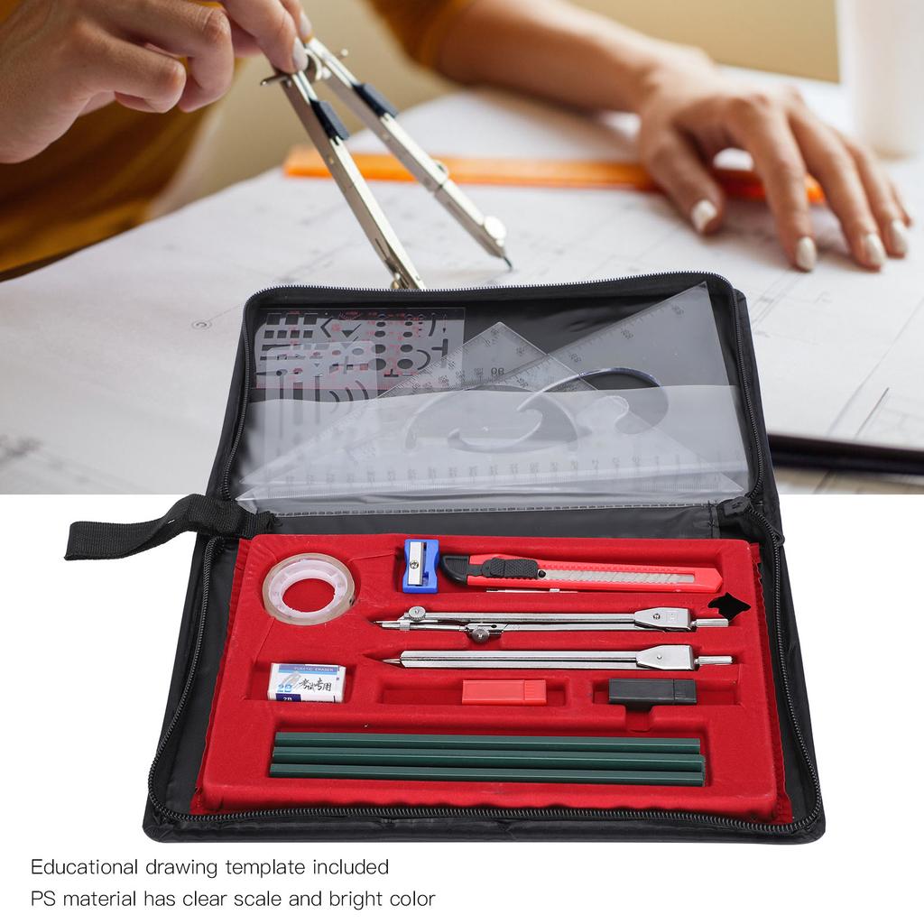 17Pcs Geometry Set Student Supplies Drawing Compass Pencil Rulers Eraser Drawing Kit