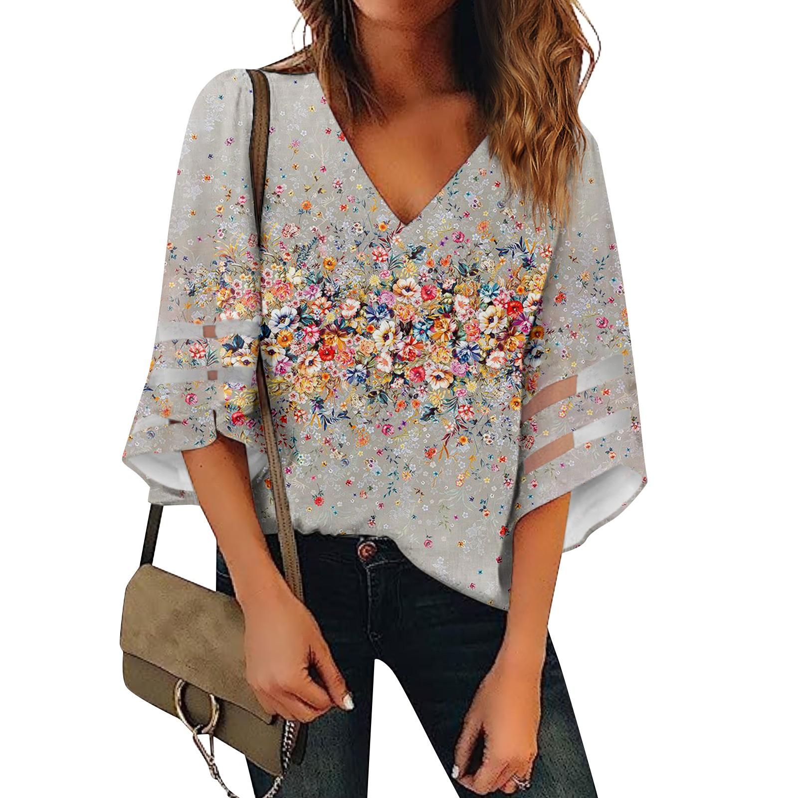 

Женская рубашка, блузка, повседневные свободные рубашки, кружевные рубашки с рукавами 3/4, топы с v-образным вырезом и принтом, топы с принтом, футболки, футболки S хаки