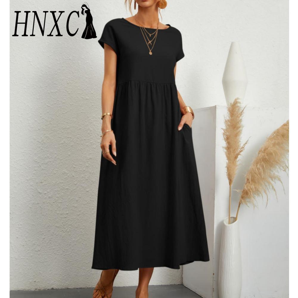 HNXC Sommer Freizeit Lockeres Kleid Damen Kurzarm O-Ausschnitt A-Linie Damenkleid mit Tasche Büro Damen Baumwolle Leinen Kleider