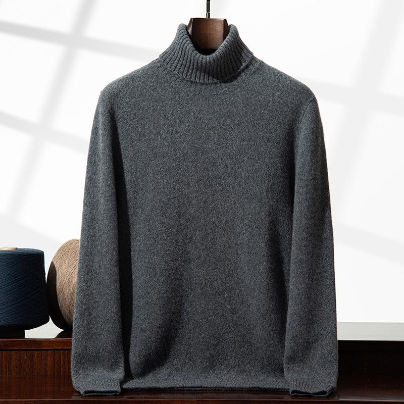 Men's High-Neck Cashmere Sweater: Thick, Solid Color, Double-Strand, Perfect for Autumn and Winter Casual Wear
