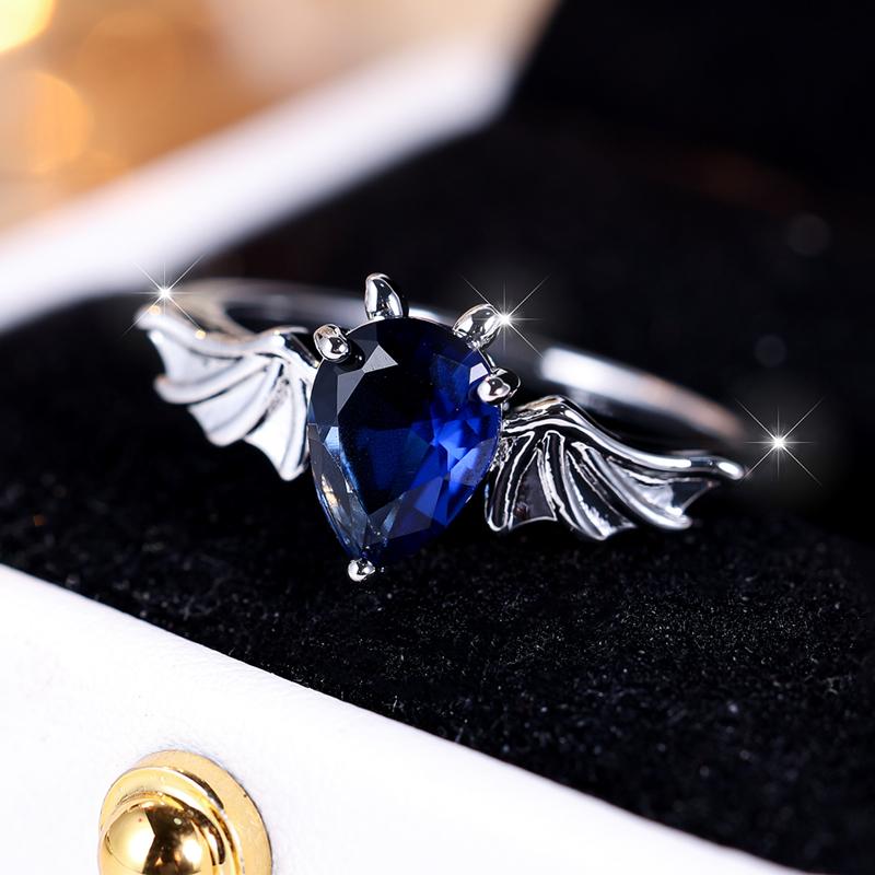Simple Fashion Blue Water Drop Zircon Bat Finger Rings for Women Silver Color Party Jewelry Holiday Gifts